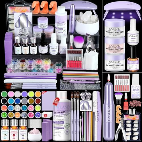 Saviland Acryl Nagelset Starterset Komplett - Elektrischem Nagelbohrer Nagellampe 45g Acrylpulver 120g Acryl Liquid Acryl Pinsel Nagel Starterset, Acryl Nagel Set für Anfänger Selber Machen Acrylnägel