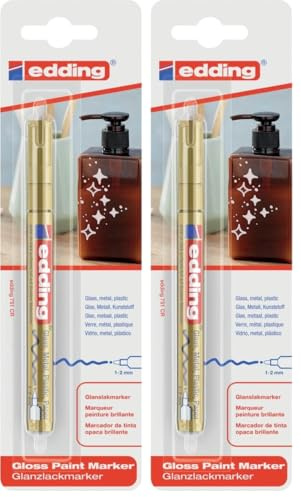 edding 751 gloss paint marker - gold - pack of 2 paint marker - round nib 1-2 mm - paint pen for glass, pebbles, wood, plastic, paper - waterproof, high coverage