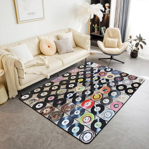 Homemissing Kinder Records Teppich 100x150cm Vinyl Record Album Wohnzimmerteppich für Wohnzimmer Küche Balkon Küchenteppich Musicial Thema Wetterfest Modern Teppich Wood Outdoor Teppich