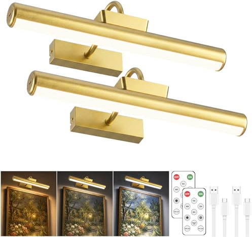 Picture Light Battery Operated, 13in Wireless Art Light for Paintings, Dimmable 5000mAh Recharging Battery Picture Light with Remote Control for Wall, Gallery Dartboard Art Bedroom (Gold-2PACK)