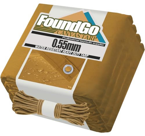 FoundGo Canvas Tarp 2x3m, 0.55mm/22 mil Canvas Tarpaulin Heavy Duty Water Resistant with Reinforced Grommets, Yellow Tarpaulin Cloth Covers for Car, Roof, Boat, Camp, Canopy with Ropes