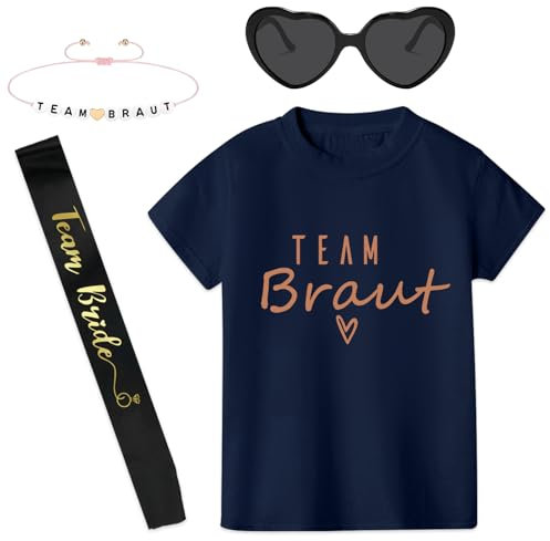 Angenster Braut Tshirt Set, Jga Shirt Frauen für Braut & Teams Braut Tshirt mit Jga Armbänder Brille und Jga Schärpe, Junggesellenabschied Frauen T-shirt für Hochzeit Parties (Blau B, S)