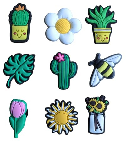 Flower Clog Charms 9 Pack – Garden Shoe Charms, Cute Bee PVC Charms, Leaf, Cactus, Houseplant, Daisy & Tulip Shoe Accessories for Gardening, Spring & Summer Fun