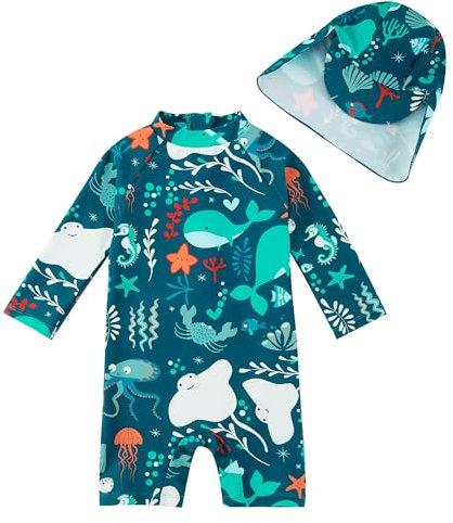 upandfast Maillot de Bain Une pièce avec Fermetures éclair pour bébé garçons Maillot de Bain pour bébé Protection Solaire UPF 50+ avec Chapeau de Soleil (Baleine, 6-9 Mois)