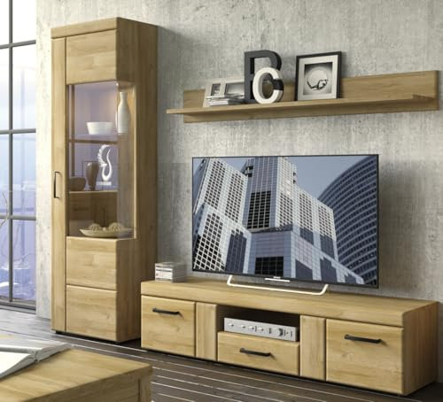 möbelando Wohnwand >Cortina< (3-teilig) in Grandson Eiche Dekor - 215x195x41 (BxHxT)