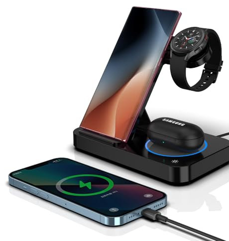 OneCut Caricabatterie Wireless 3 in 1 per Samsung, Pieghevole Stazione di Ricarica Wireless Rapida Station per S24/S23/Ultra/S21/S22 Z Flip Fold 5/4, Galaxy Watch 6/4/5 Pro, Galaxy Buds