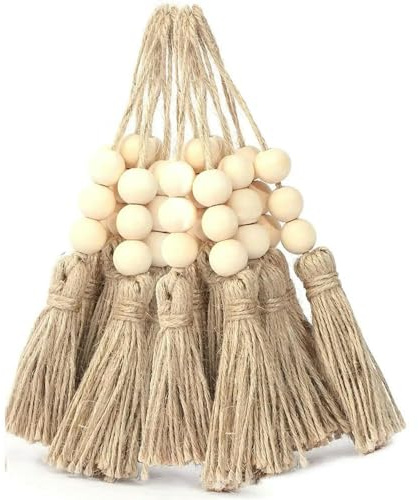 Optxzn Quasten aus Juteseil mit 3 Holzperlen, Quasten aus Hanf-Sackleinen für Vorhänge, DIY-Bastelarbeiten, Weihnachtsbaum, Heim- und Party-Dekorationen, 20 Stück