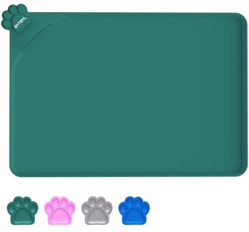 Waterproof Pet Feeding Mats with High Lips 55 x 38cm, Silicone Mat, Nonslip Pet Food Mat for Dog, Cat, Prevent water goes down (GREEN)