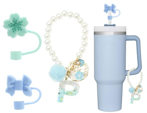 RENUIS 4Pcs cute blue straw toppers for stanley cups,Letter Charm Accessories for Stanley Cup,Name ID Initial Letter for Stanley 30&40 oz Tumbler with Handle,personalized tumbler accessories(P)