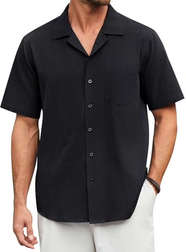 Enlision Mens Black Short Sleeve Shirt Cotton Linen Lightweight Summer Beach Shirts for Men with Pocket Regular Fit 4XL