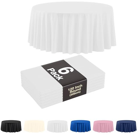 Exquisite 6 Pack White Plastic Table Cloth - 120 Inch Round Tablecloth for Parties - Round Tablecloth - Table Cloths for Parties