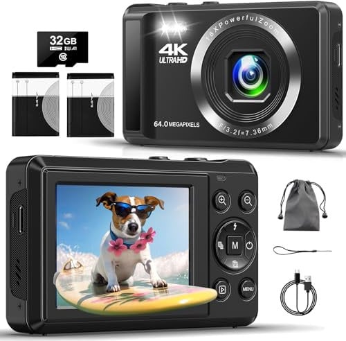Digital Camera 4K 64MP Digital Camera with 32G SD Card Autofocus Vlogging Camera with Two 1200 mAh Batteries for Photography 16X Digital Zoom Mini Compact Camera for Kids Teenagers Beginners Adults