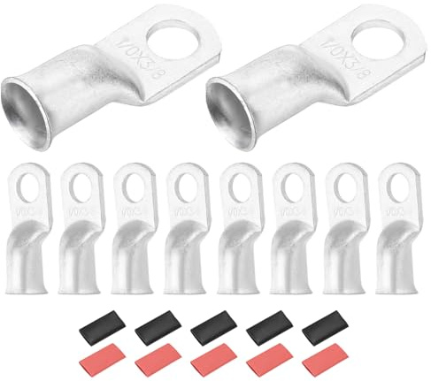 DMiotech 10 Pcs 1/0 AWG - 3/8 Tinned Copper Cable Lugs, Battery Cable Ends, Heavy Duty Copper Wire Lugs with 10pcs Heat Shrink Tubing for Electrical Projects, Silver