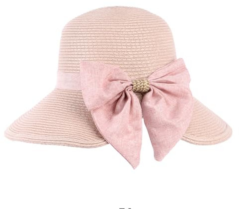 LY4U Women's Wide Brim Straw Sun Hat UPF 50+ with Adjustable Chin Strap, Foldable Beach Hat for Travel, Summer Outdoor Activities, Ponytail Hole & Bow Ribbon Design Pink