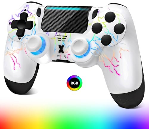 Suoxiom Mando inalámbrico para PS-4, mando compatible con PS-4/Pro/Slim, mando Bluetooth con iluminación RGB, batería de 1000 mAh, conector de audio de 3,5 mm y función turbo (WHITE+BLACK)