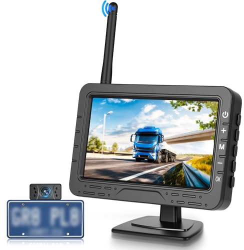 Rimoody Kabellos Rückfahrkamera Set, Nummernschild Rückfahrkamera mit HD 4.3 Zoll IPS Monitor & IP68 wasserdichte Nachtsicht Weitwinkel Backup Kamera mit Rückwärtshilfe, für Van, PKW, LKW, Wohnwagen