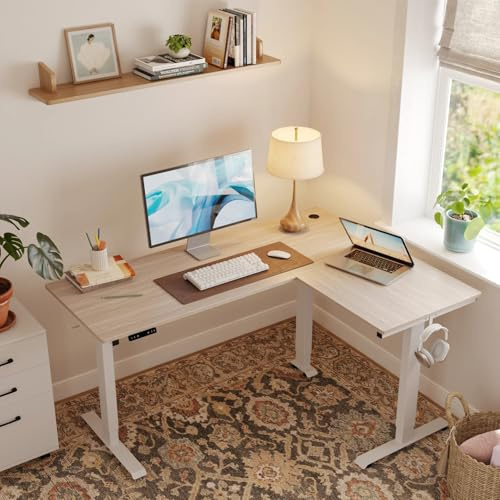 FEZIBO L Shape Corner Standing Desk with Triple Motor, 160 * 120cm Electric Height Adjustable Stand up Desk, Sit Stand Workstation with Splice Board, White Frame/Light Walnut Top, Reversible Return