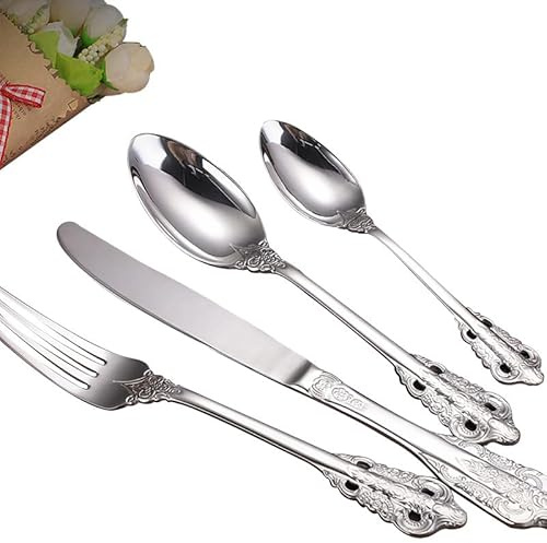 ASumPio Juego De Cubiertos De Plata De Ley 925, 4/16/24/32/40/48 Piezas, Palace Tableware 304, Cubiertos De Plata Engrosada con Relieve, Juego De 10 Cubiertos De 40 Pi,Silver-4Set