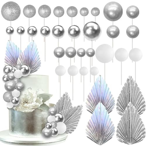 Xsstarmi 32 Pack Balloons Cake Topper Silver Glitter Balls Paper Palm Fan Cake Pick for Baby Shower Wedding Bridal Shower Birthday Party DIY Cake Decorations Supplies