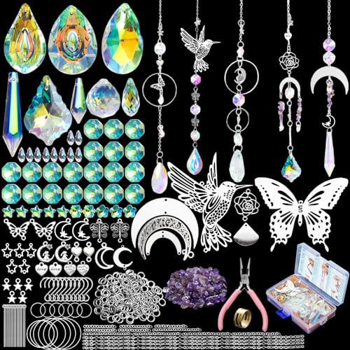 Qwrqwr 400 Stück Sonnenfänger Kristall Bastelset DIY Fenster Deko Regenbogen Hängend Suncatcher Windspiel Schmetterling Kolibri Hänge Dekoration für Garten und Zuhause