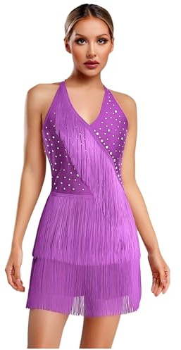 inhzoy Abito da Ballo Latino Americano Tango Donna con Nappe Strass Vestito Danza Classica Moderna con Frange Body Ginnastica Costume Danza Samba Rumba Salsa Dancewear