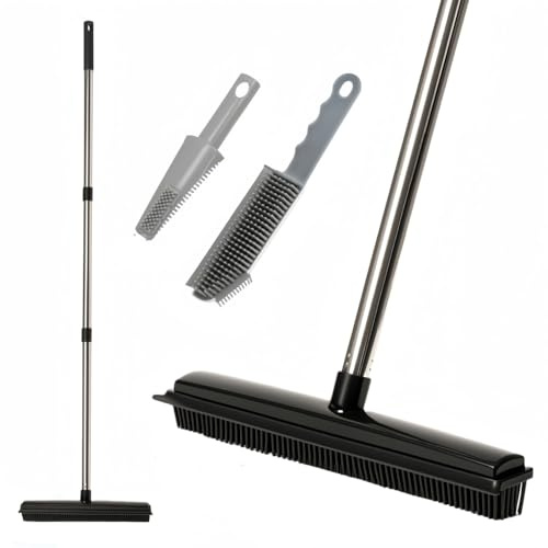 Rubber Broom, 2 in 1 Rubber Broom with Squeegee, Adjustable Long Handle Rubbers Brooms, Floor Scrubing Brush, for Pet Cat Dog Hair Removal Carpet Kitchen Garden Yard Window Cleaning