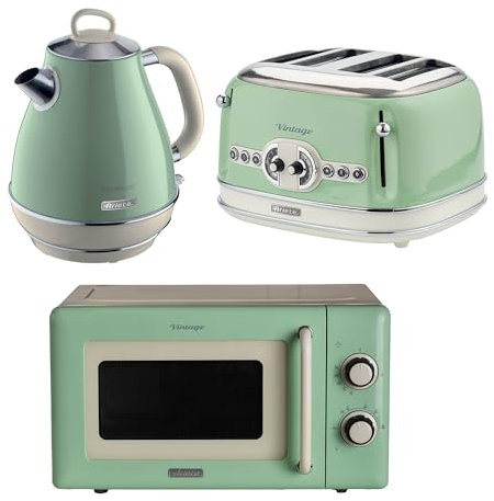 Ariete Vintage Breakfast Set, Retro 4-Slice Toaster with 6 Browning Levels, 2000W Fast-Boil 1.7L Kettle & 800W Microwave, Blue