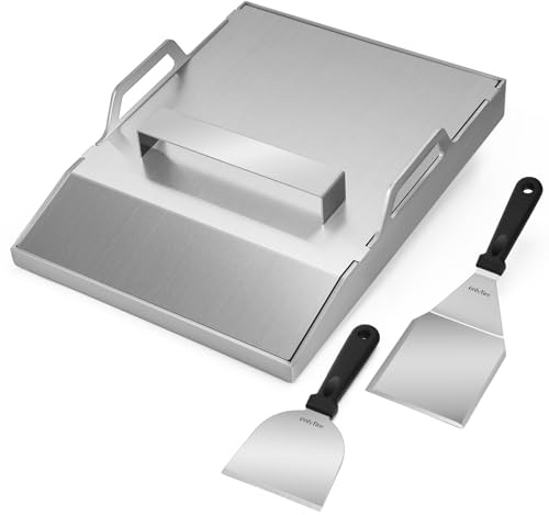 Onlyfire Plancha para Barbacoa 40x30cm de Acero Inoxidable, Plancha Grill con Tapa y 2 Espátulas, Universal, 40x30cm, para Parrillas de Gas y Camping