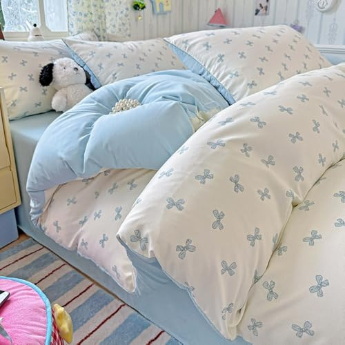 Nayoroom Mädchen Bettwäsche 140x200 Blau Schleifen Weiß Kinder Bettbezug 2teilig Modern Schleifenmuster Aesthetic Kawaii Cute Clean Girl Microfaser Deckenbezug mit Reißverschluss und Kissenbezug 70x90
