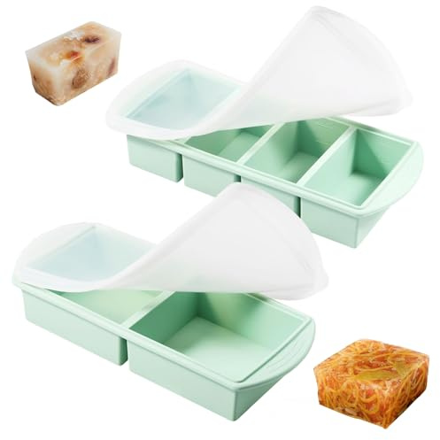2-in-1 Souper Cubes, 2 Plateaux de Congélation en Silicone avec Couvercle | 2+4 Compartiments Récipient à Soupe, Moule à Soupe pour Soupe,Ice Cube,Bouillon,Sauce (4 x 250 ml, 2 x 501 ml, vert)