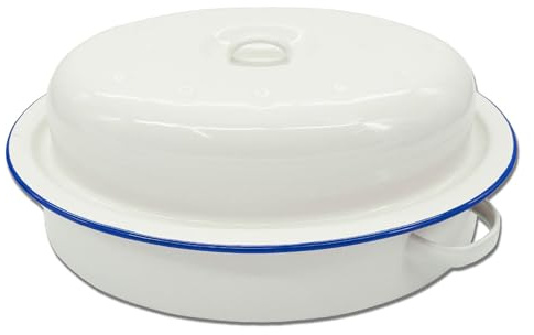 Zenker Enamel Oval Roasting Dish, Vintage Design, Roasting Tin, 33cm | For Roasts & Pies, Easy to Clean, Oven Safe Up To 230 Degrees Celsius, PTFE and PFOA Free, 33x23.7cm, White and Blue
