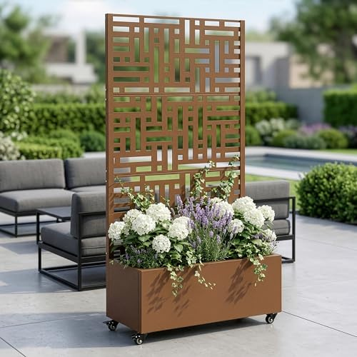 casa.pro Blumenkasten mit Sichtschutz Bernalda 186x120x40 cm Braun | Trennwand mit Rollen, Rankgitter, Metall, verzinkt, für Balkon, Terrasse, Pflanzkübel hoch, indoor, outdoor