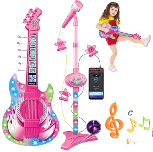 Nuiorfty Guitar and Microphone for Kids, Toy Guitar with Music & Light, Adjustable Height 2 in 1 Kids Microphone with Stand, Learning Toy Instruments