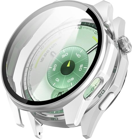 Techsuit für Huawei Watch GT 6 46mm Hülle und Displayschutz mit Gehärtetem Glas, HD Klarheit, Volle Abdeckung, Kratzschutz, Schlankes Design, Defense360 Pro, Silber