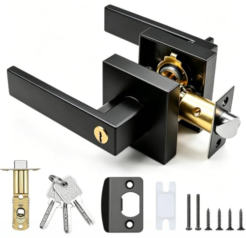 Door Lever Handle Lock Black -Upgraded Brass Lock Cylinder, Square Lever Privacy Door Handle Set with Lock and 3 Keys, Aluminum Alloy Keyed Entry Bedroom Office Door Handle, Reversible for Right Left