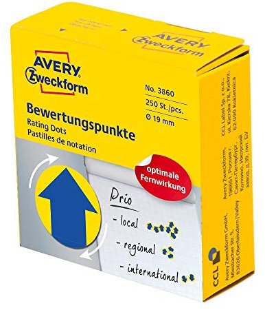 AVERY Zweckform selbstklebende Klebepunkte 250 Stück (flexible Bewertungspunkte auf Rolle im Spender, Ø 19mm, Aufkleber Pfeil in Blau/Gelb, zum Abstimmen, Bewerten und Kennzeichnen) Art. 3860