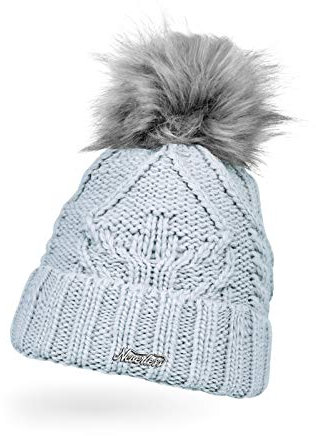 Neverless® Damen Strick-Mütze gefüttert Umschlag Fleecefutter Fell-Bommel Kunstfell Winter-Mütze Zopfstrick Bommelmütze hellblau Unisize