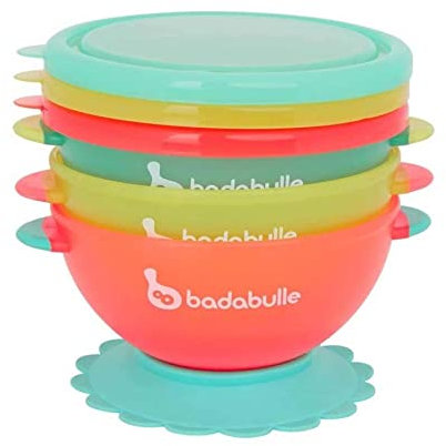 Badabulle Funcolors Bowls | 3 Bols avec Couvercles & 1 Ventouse Anti-Dérapante