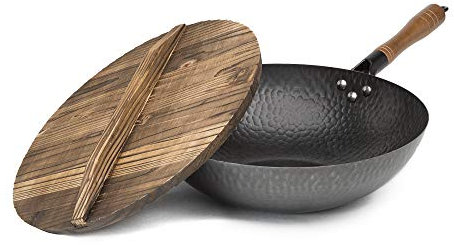 Goodful Wokpfanne aus gehämmertem Karbonstahl, 33 cm, mit Deckel, schwarz, antihaftbeschichtet, kompatibel mit den meisten Herdarten