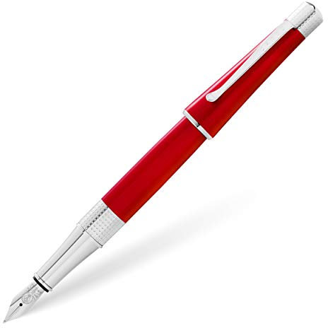 CROSS Beverly AT0496-27MS Refillable Click-Off Cap Brass Fountain Pen, Medium Nib, includes Premium Gift Box and Black Cartridge, 1 Pack, Translucent Red Lacquer