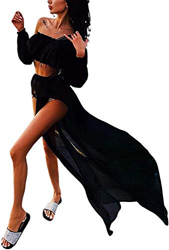 Loalirando Cache Maillot de Bain Femme Costume de Plage Sexy Chic Bandeau avec Manches + Jupe Fendue Maxi Longue, Noir, Taille Unique