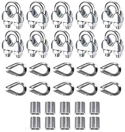 30pcs Wire Rope Clamp M6, 304 Stainless Steel Wire Rope Clips Clamps, Heavy Duty U Bolt Saddle Fastener with 10 Steel Wire Rope Loops and Aluminum Sleeves Clips for 6mm Wire Rope Cable