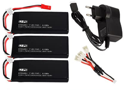 Lot de 3 batteries au lithium de rechange 7,4 V 610 mAh 15 C avec chargeur 3 en 1 pour Hubsan H502S H502E RC Quadcopter Drone