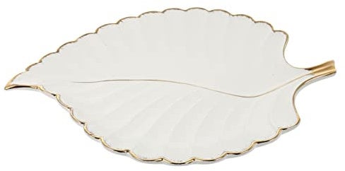Cabilock Party Serving Trays and Platters Ceramic Jewelry Ring Dish Holder: Leaf Shaped Necklace Bracelet Tray Organizer Trinket Container Plate Decorations White Serving Tray