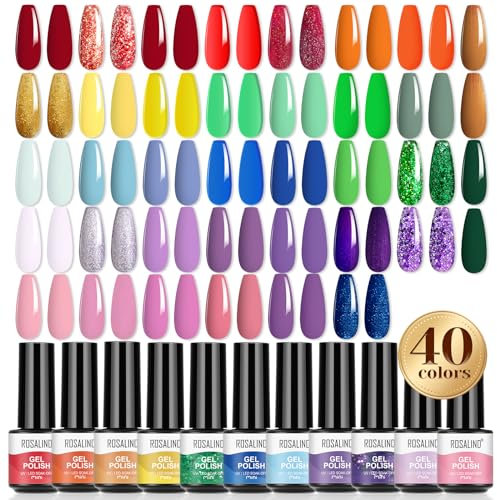 ROSALIND 40 Stück UV Nagellack Set - 36 Farben Gel Mit Base Top Coat Matt Primer - Rot Orange Gelb Grün Blau Lila Rosa - Shellac Nagel Design Nagelstudio Weihnachten Mini