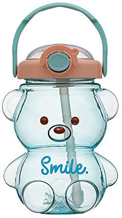 Merrwon Wasserflasche in Kawaii-Bär-Form, 1000/1400 ml, niedliche Trinkflasche, auslaufsichere Wasserflaschen mit Gurt, Trinkwasserflasche mit Strohhalm für Mädchen, Sport, Reisen, Schule usw
