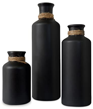 Mattschwarze Keramikvasen-Set, 3 kleine rustikale dekorative Vasen für moderne Bauernhaus-Büro-Heimdekoration, Wohnzimmer-Tafelaufsätze Dekoration, Blumenvasen für Tisch, Regale, Dekoration