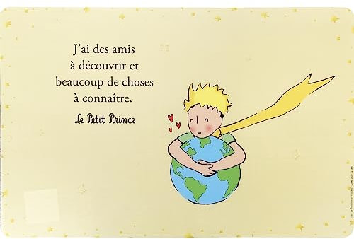 Tischset, Motiv: Der kleine Prinz, der sich in seinen Armen der Erde einschnürt, wie zum Schutz – Hintergrund beige mit Sternen rund