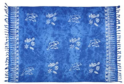 Pareo Sarong Strandtuch Damen - Wickelrock Strand - Handtuch Blickdicht als Wickeltuch oder Handtuchkleid und Wickelkleid Damen - Handarbeit aus Fair Trade Herstellung Batik Blau Meerestiere