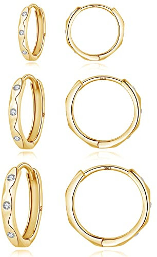 Loutade Silver Hoops Earrings for Women, 3 Pairs 925 Sterling Silver Hoop Earrings Set with Cubic Zircon, Gold Huggie Earrings, 9/11 / 13mm Small Unisex Sleeper Cartilage Ear Hoop